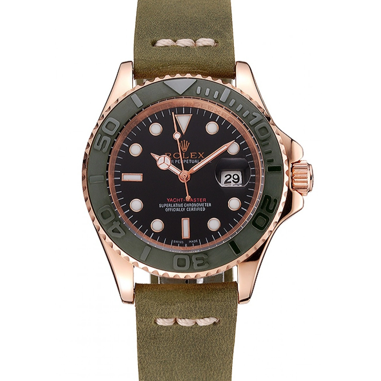 MiroTime 1013 Rolex Yacht Master Black Dial Green Bezel Rose Gold Case Green Leather Bracelet 1453862